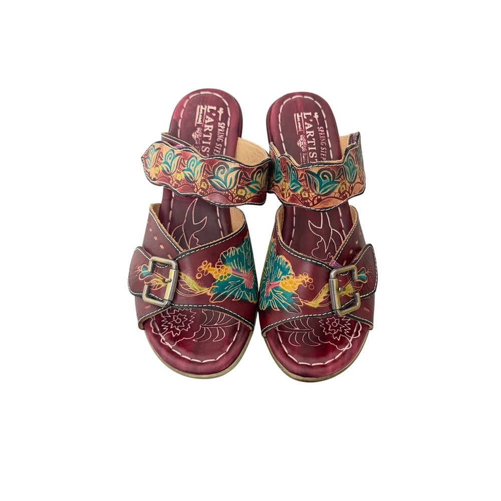 Spring Step L'Artiste Ozuna Sandals Womens 39 Burgundy Floral Leather Wedges